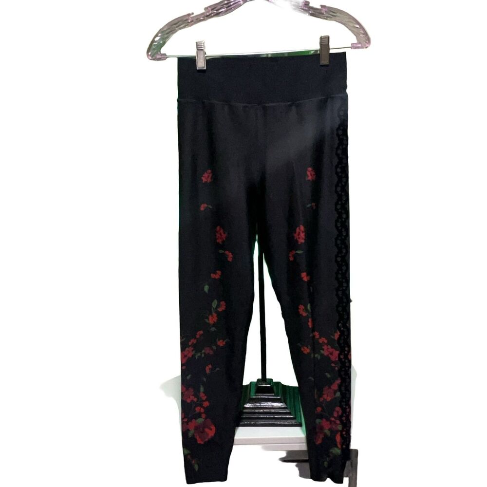 Ultracor Floral Print Leggings with Side Stripe Women's XL Black Red Green